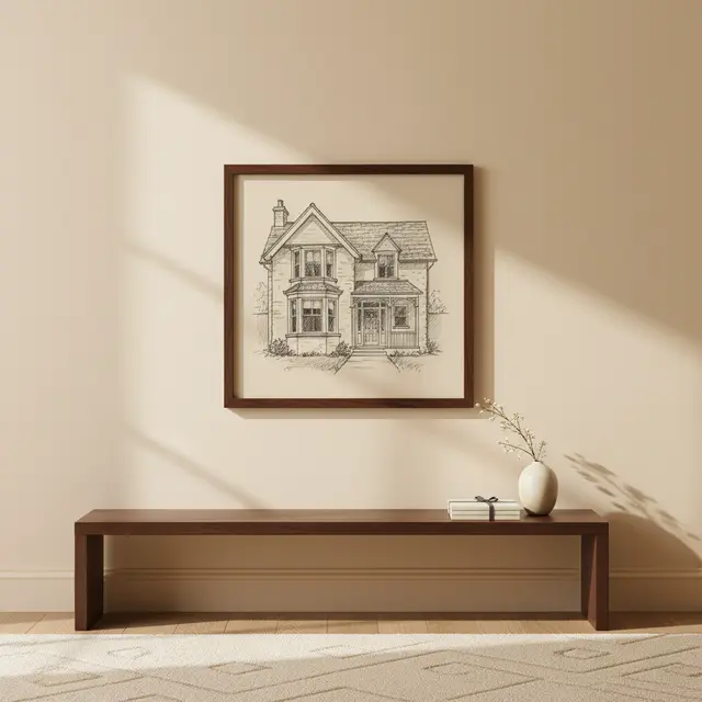 Black framed SketchStreets pencil portrait shown in a room setting