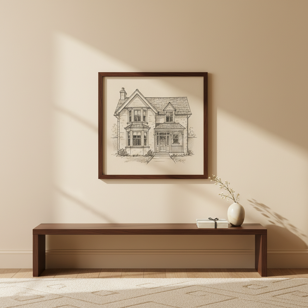 A framed pencil sketch hanging above a warm hallway console table