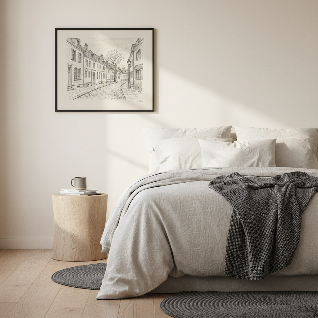 A framed home sketch displayed in a softly lit hallway