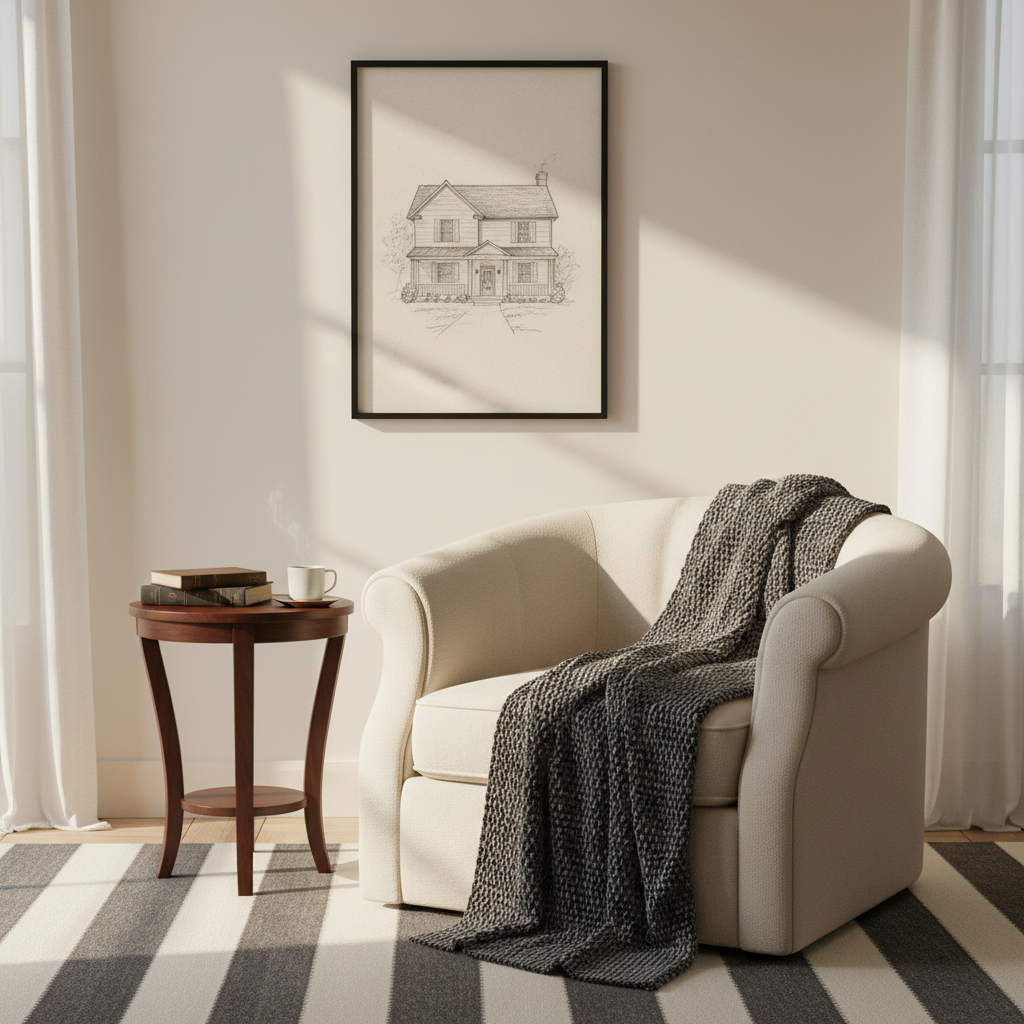 A styled room with a framed house sketch showing the kind of result a good source photo can support