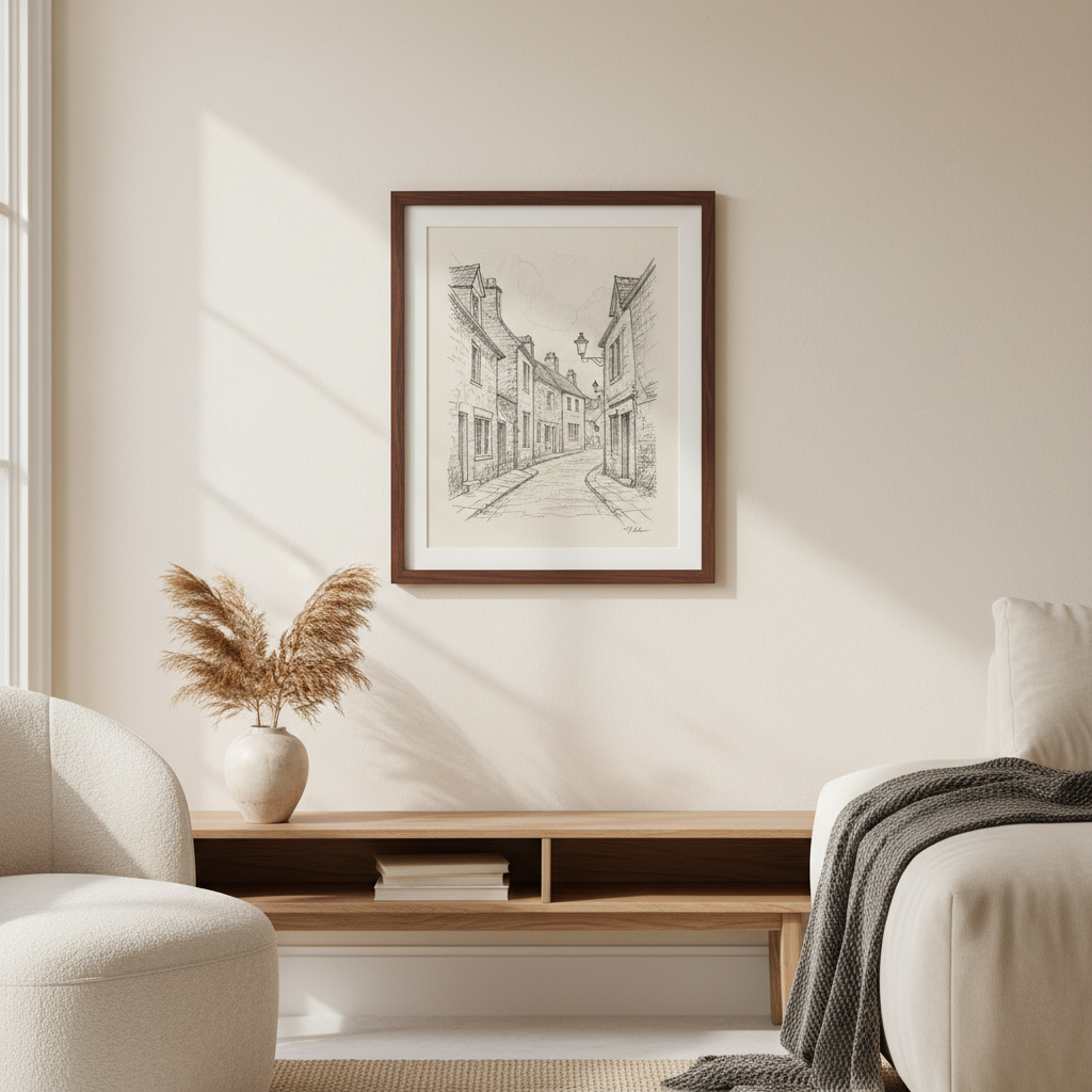 A framed pencil sketch hanging on a warm cream living room wall