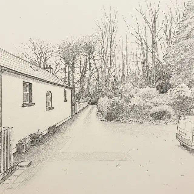 Fine-art pencil sketch example of a house frontage