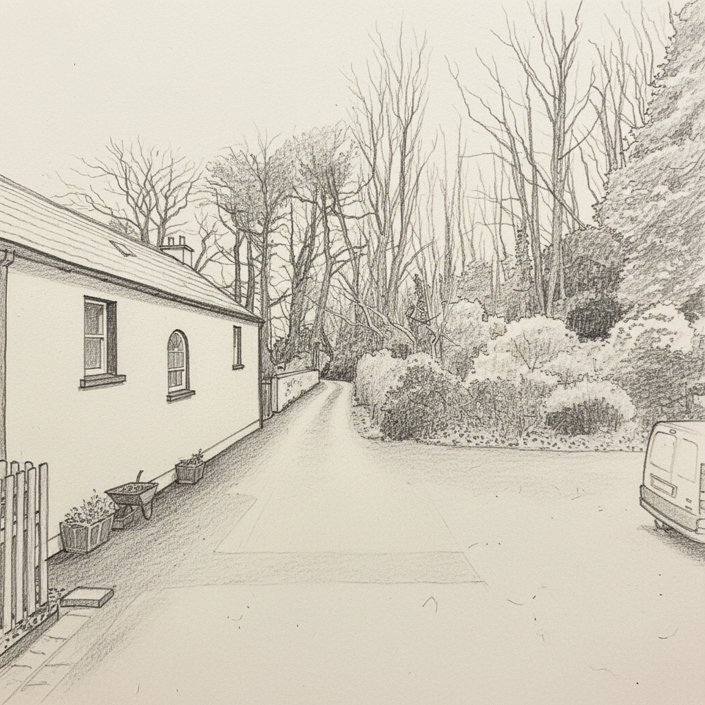 Fine-art pencil sketch example of a house frontage