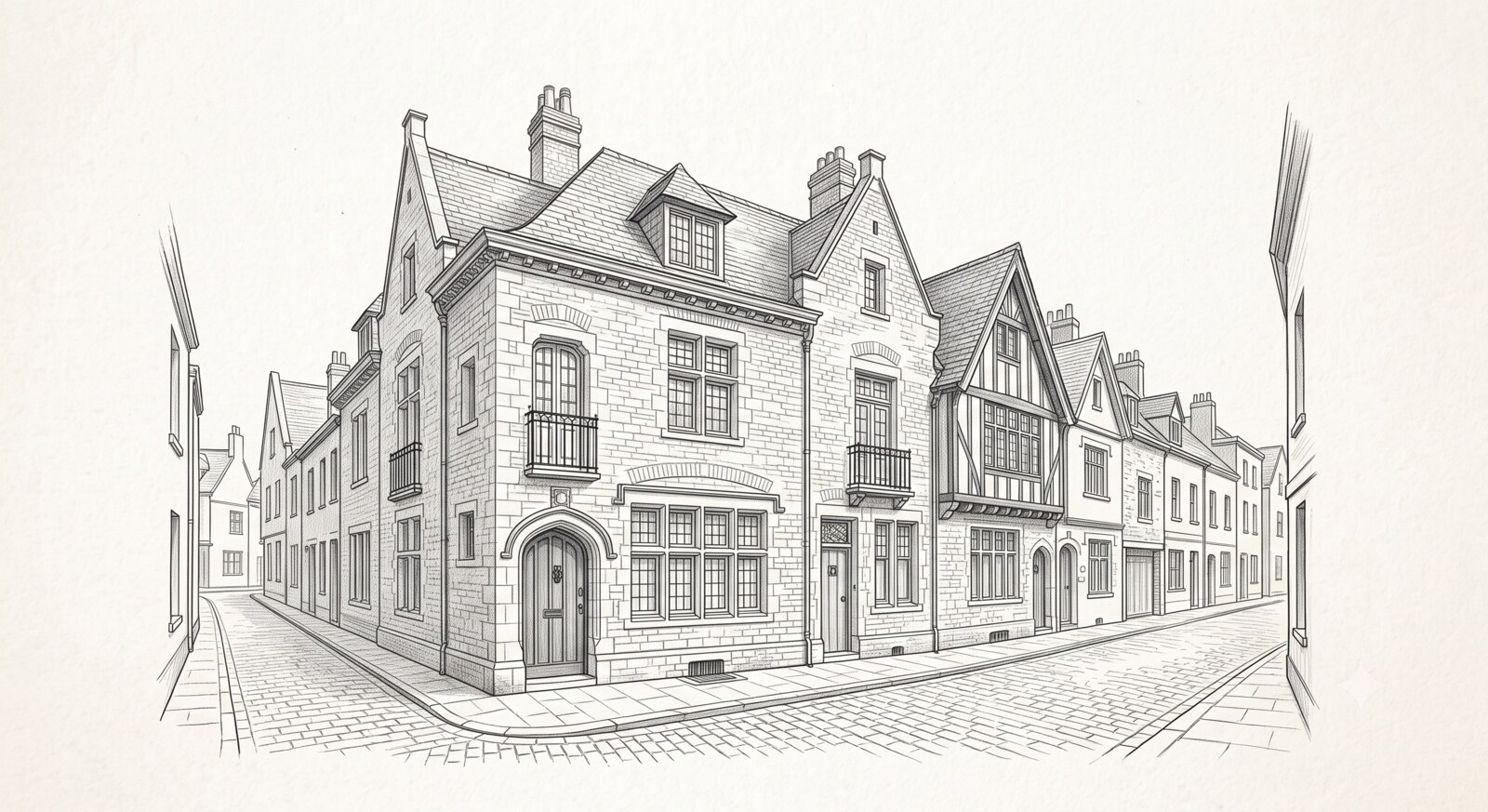Pencil sketch example of a corner street of townhouses